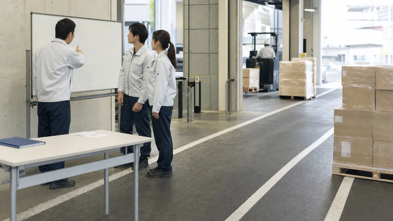 物流センターで出荷を管理する日本人（横長・コピースペース）。物流センター、出荷管理、サプライチェーンの記事に使える素材です。