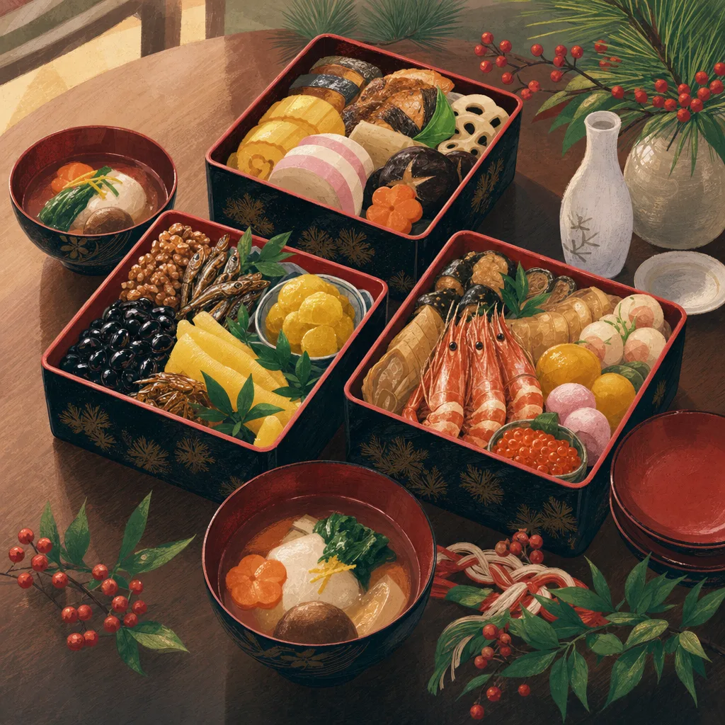 おせち料理の新年の食卓（編集記事向け）。年末年始の案内、食品、和食の記事に使える、華やかで自然なおせち料理素材です。
