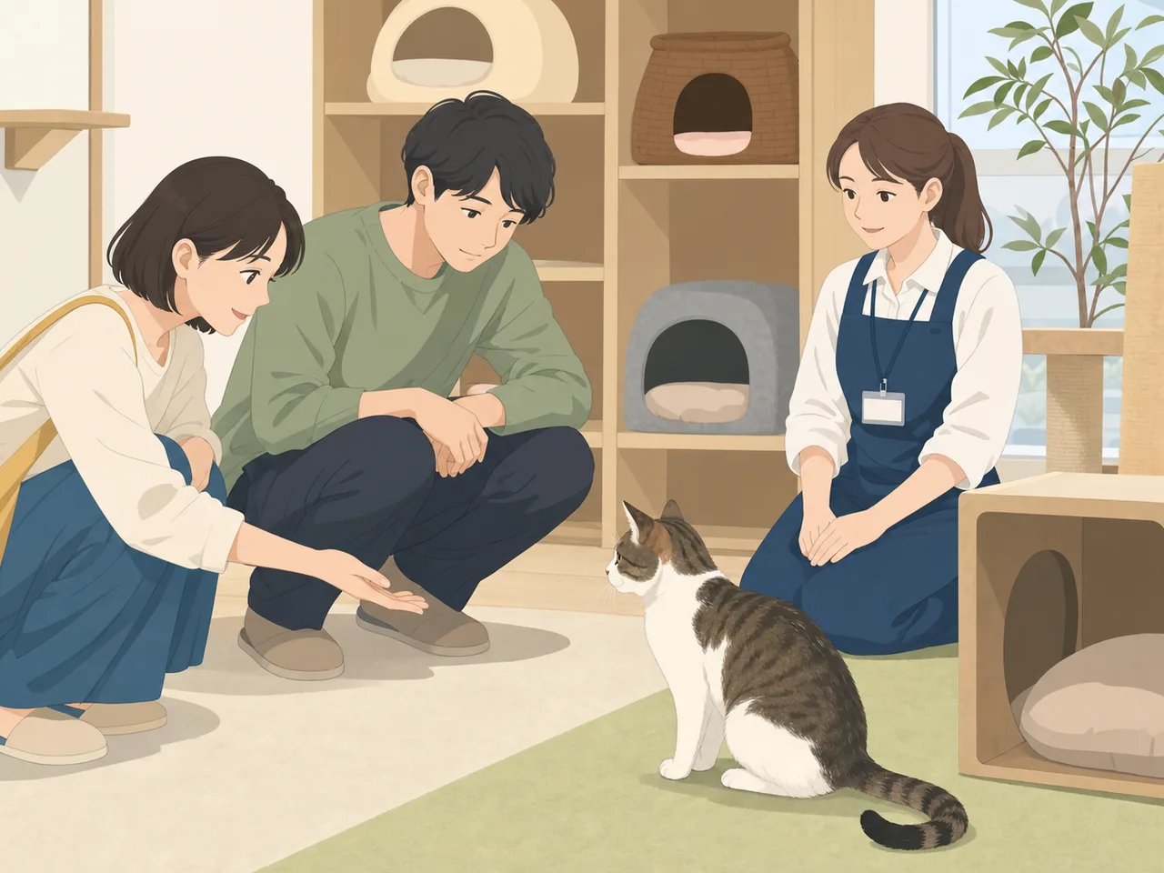 保護猫と出会う日本人（フラットイラスト）。保護猫、里親、猫の譲渡、動物福祉の記事向け素材です。