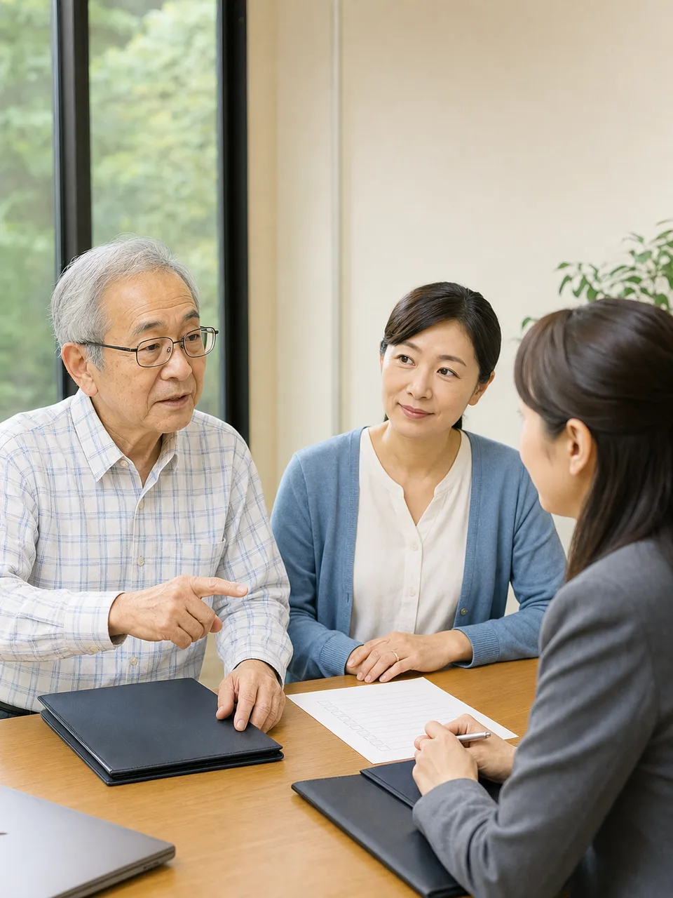 終活について相談する日本人シニア（自然な縦位置写真）。終活、老後準備、家族相談、専門サービスの記事向け素材です。