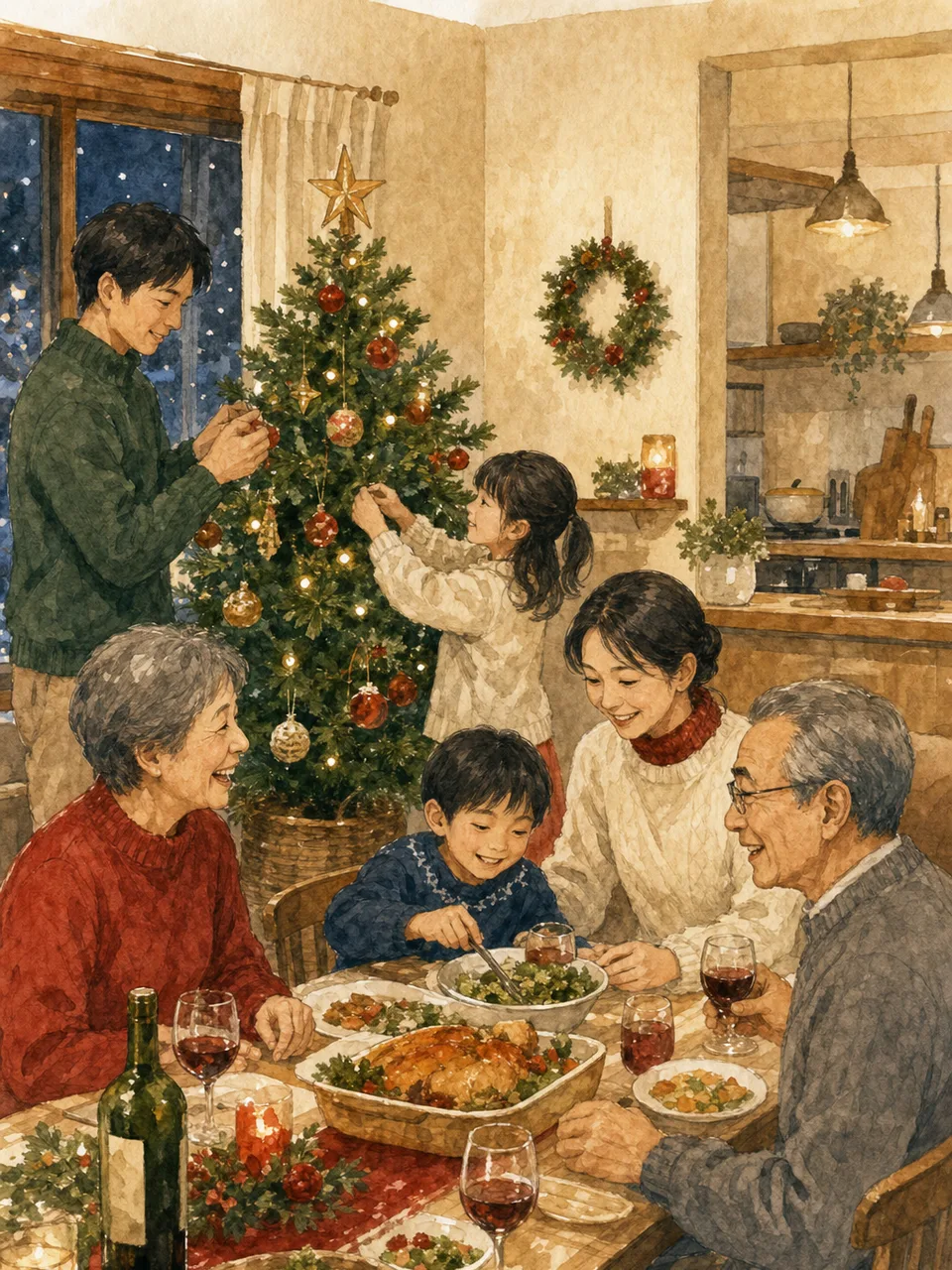 家族で楽しむクリスマス（手描き水彩）。冬のキャンペーンや家族向け記事に使える、日本の家庭の温かなクリスマス素材です。
