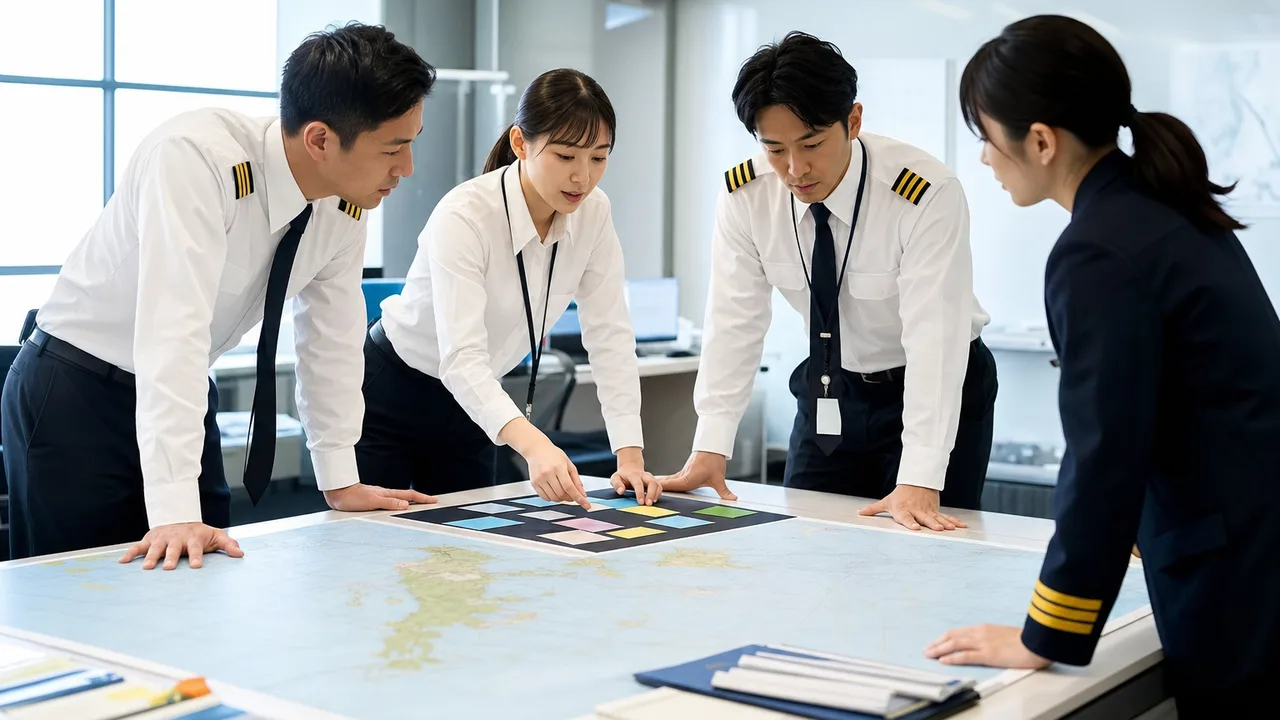 運航計画を確認する日本人ディスパッチャー（横長・コピースペース）。運航管理者、フライトディスパッチャー、航空、運航計画の記事や案内に使える商用素材です。