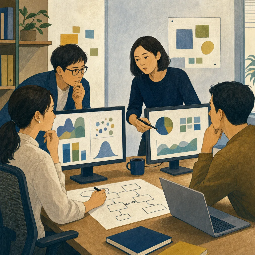 分析を進める日本人データサイエンティスト（編集記事向け）。データサイエンティスト、データ分析、AI、意思決定の記事向け素材です。