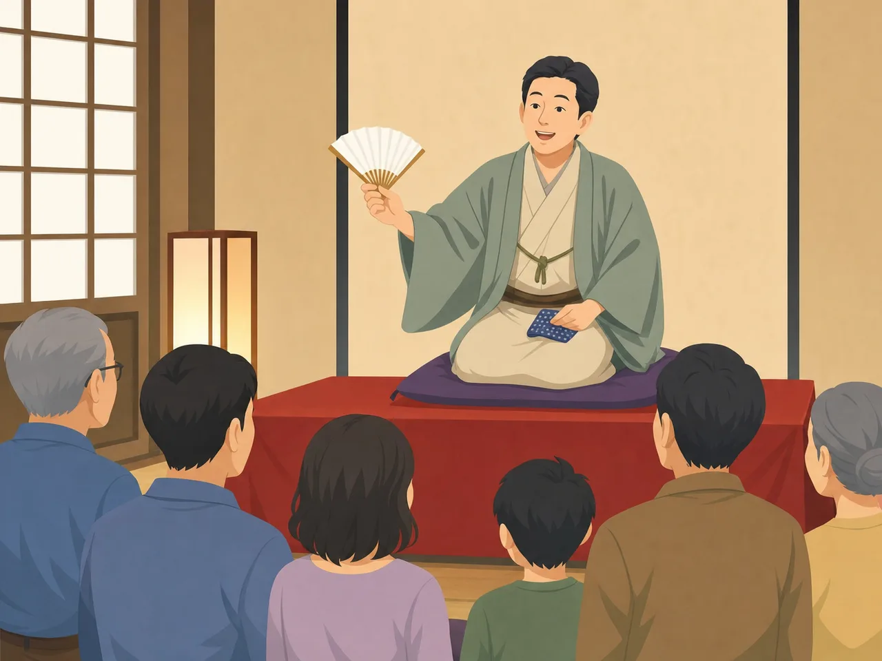 落語を楽しむ日本人観客（フラットイラスト）。落語、寄席、伝統芸能、日本文化の記事や案内に使える商用素材です。