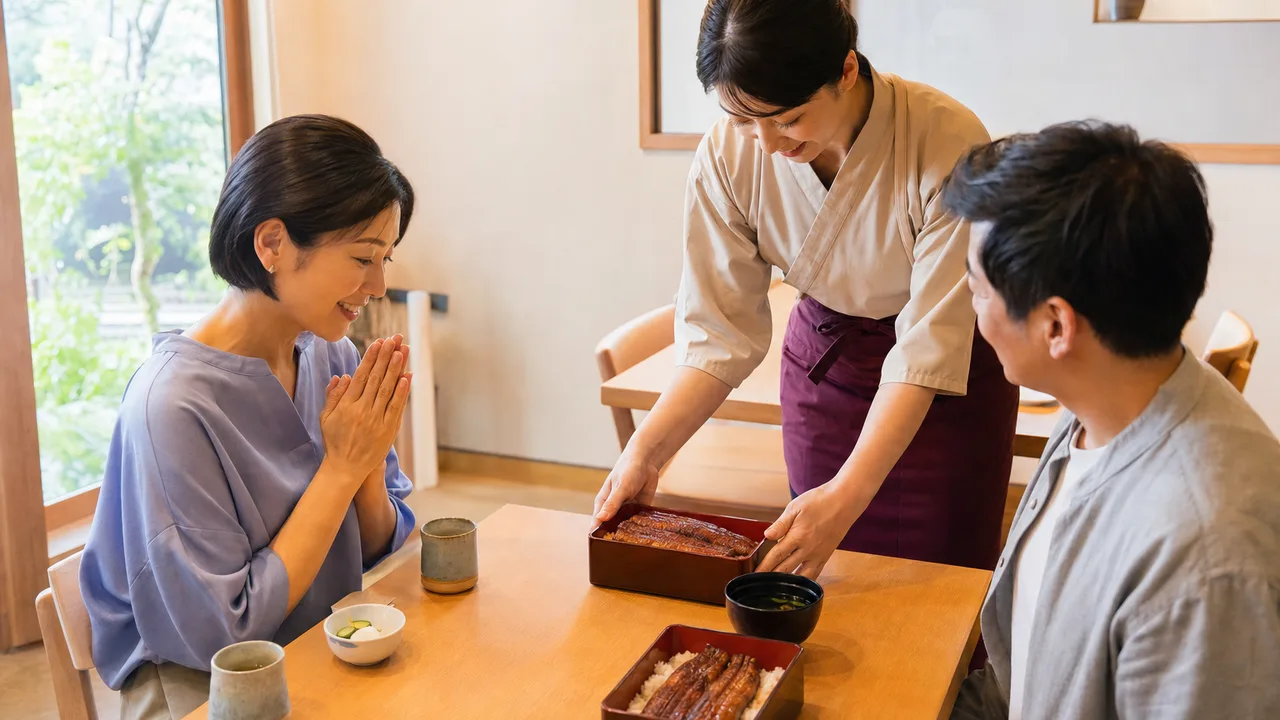 うなぎ料理を味わう日本人（横長・コピースペース）。うなぎ、鰻重、和食、夏の食文化の記事向け素材です。