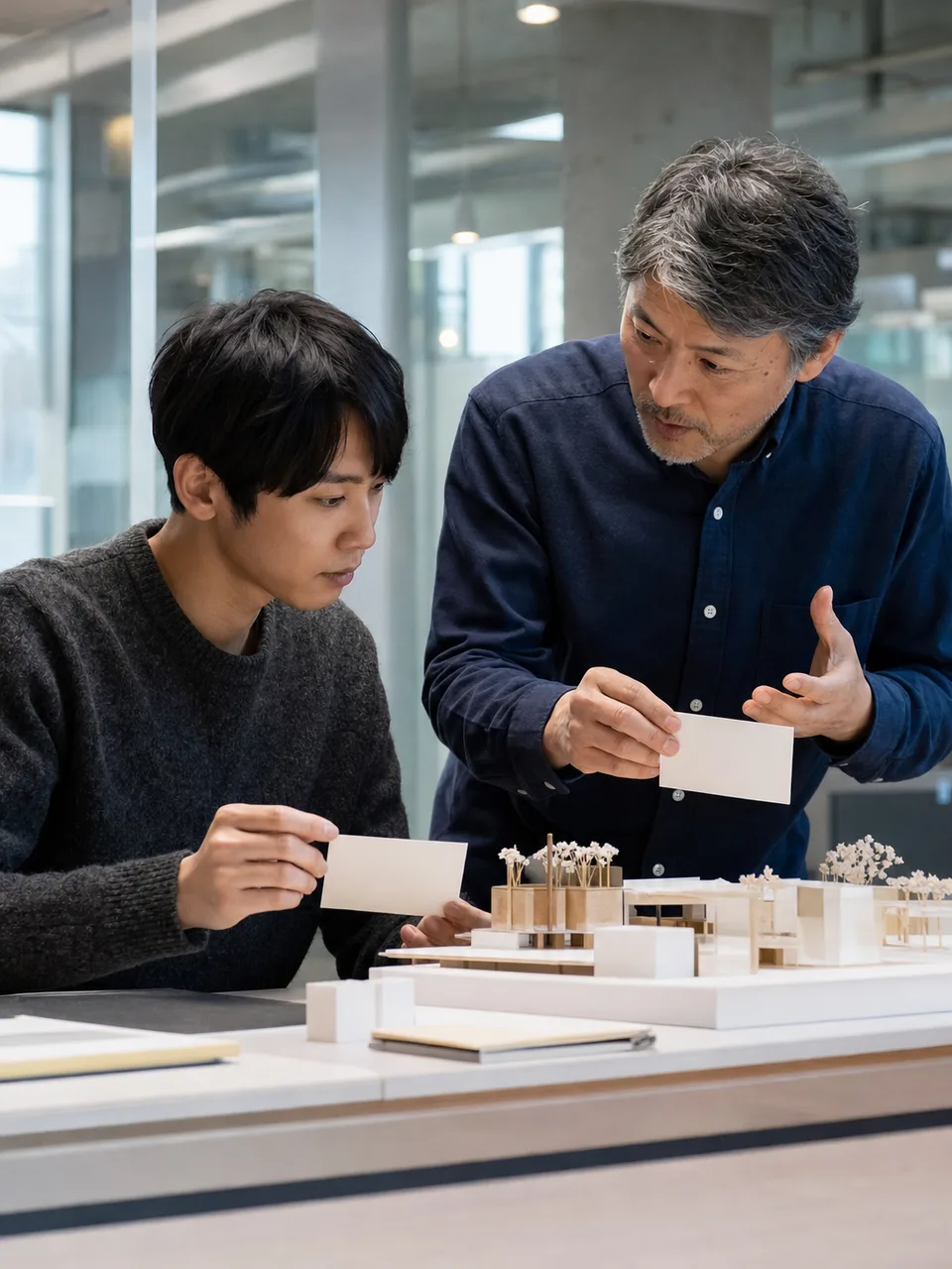 研究指導を受ける日本人大学院生（自然な縦位置写真）。大学院生、研究指導、指導教員、論文指導の記事や案内に使える商用素材です。
