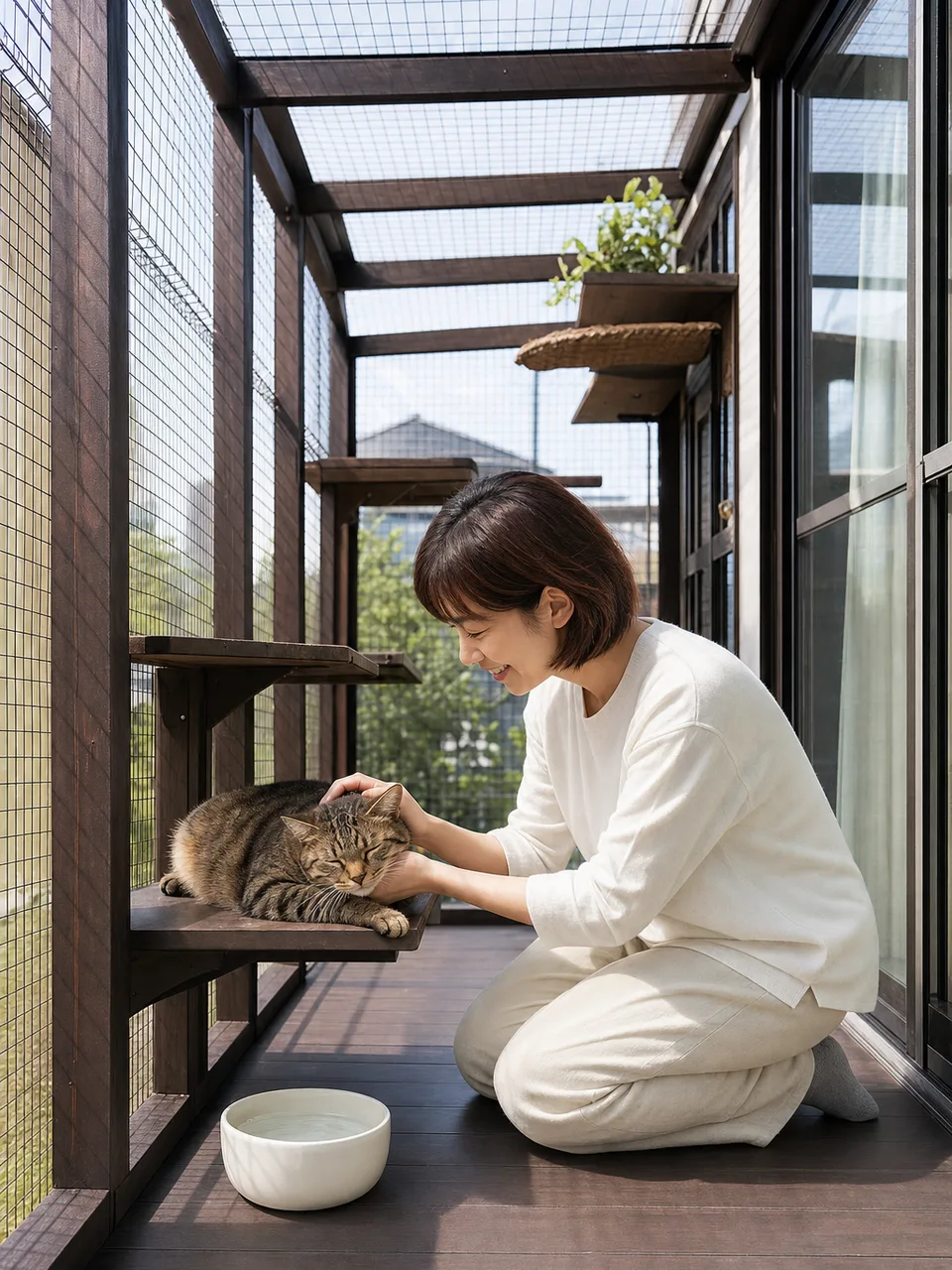安全なキャティオで過ごす猫（自然な縦位置写真）。キャティオ、猫、室内飼育、猫の安全の記事や案内に使える商用素材です。