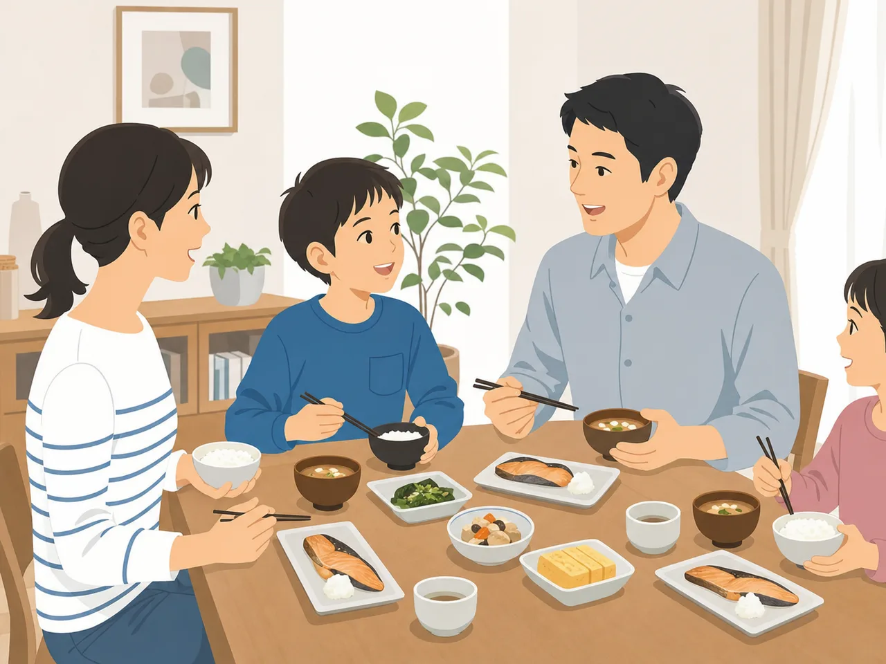 和朝食を囲む日本人家族（フラットイラスト）。和朝食、朝ごはん、家族、健康的な食事の記事向け素材です。