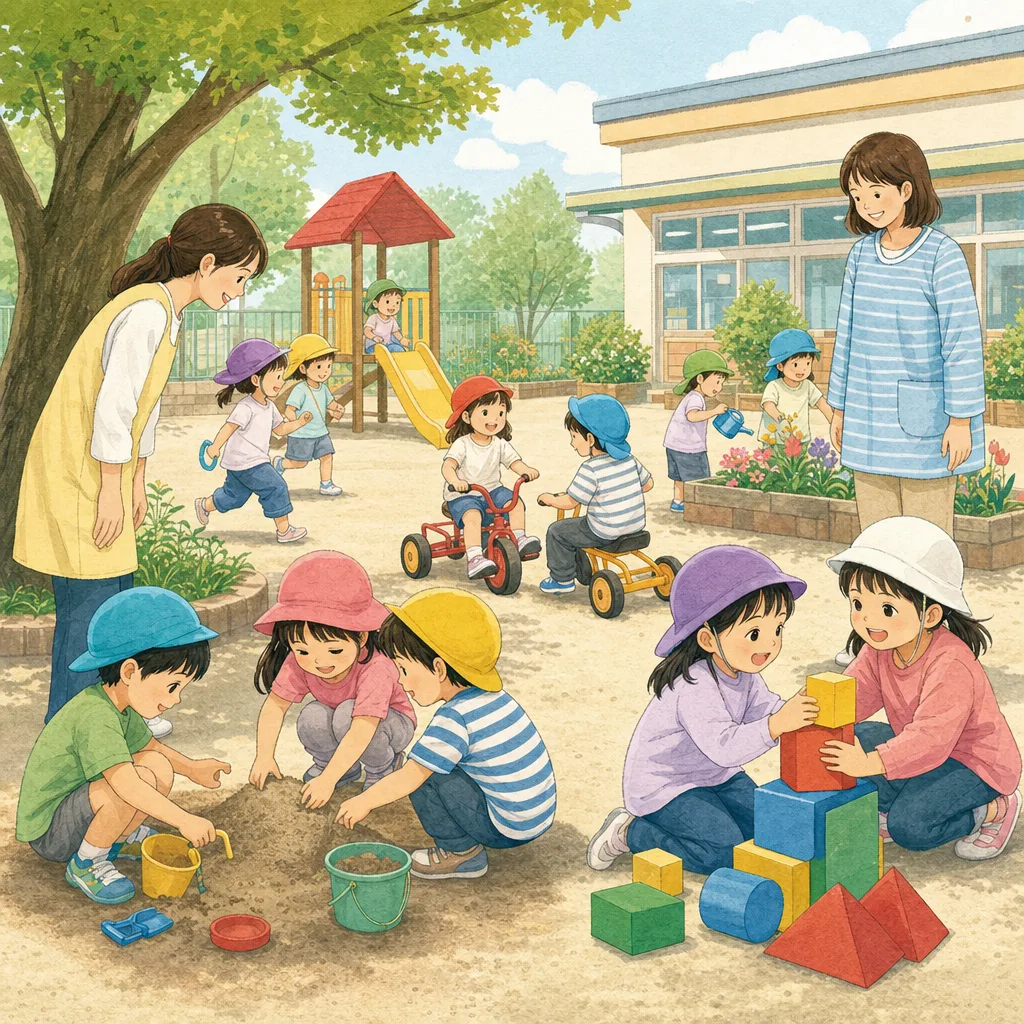 園庭で遊ぶ日本の幼稚園児（編集記事向け）。幼稚園、保育、子育て、教育施設の紹介に使える活動素材です。