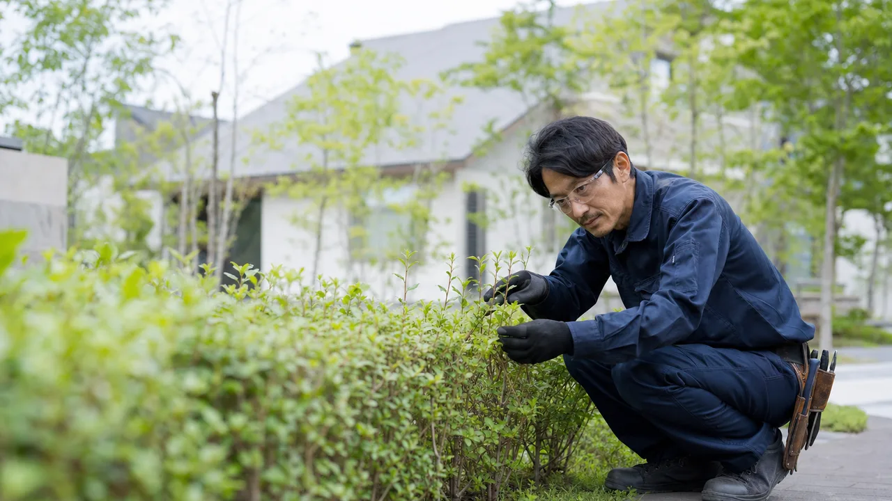 庭を手入れする日本人造園作業員（横長・コピースペース）。造園業、庭づくり、緑化、屋外作業の記事向け素材です。