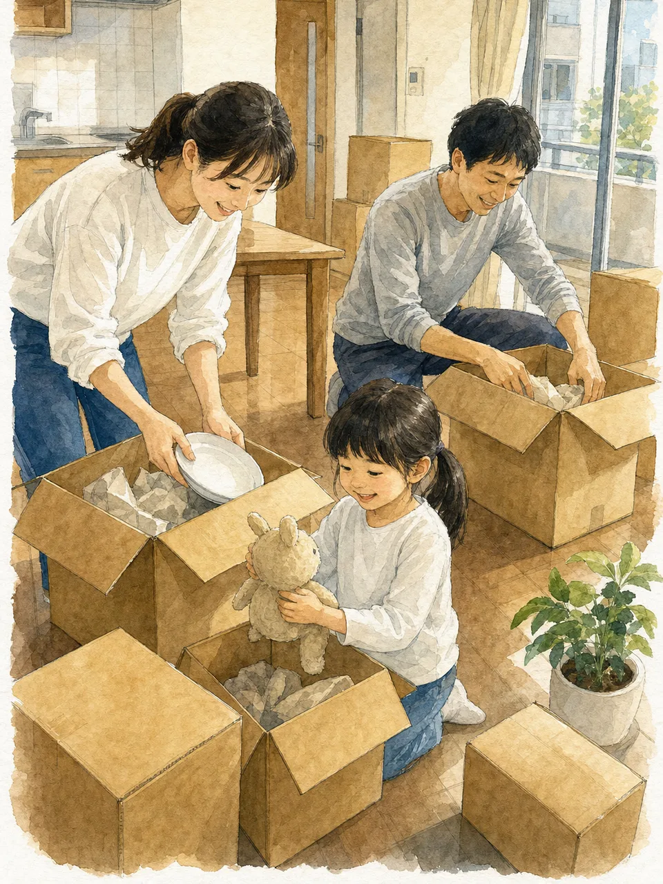 新居へ引っ越す日本人家族（手描き水彩）。不動産、引っ越し、新生活、住宅サービスの案内に使える家族素材です。