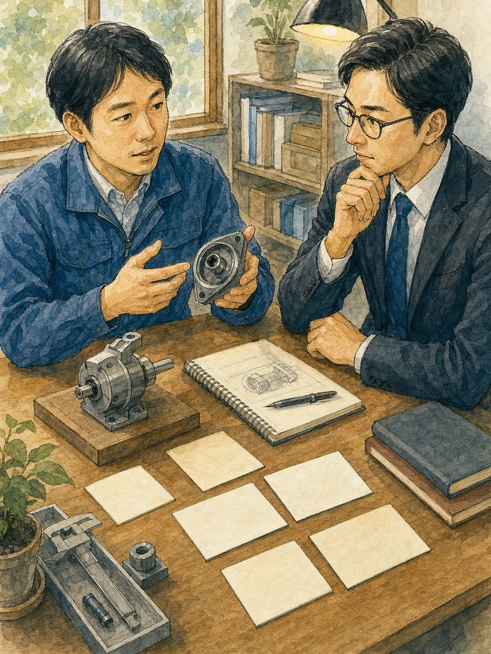 発明を相談する日本人と弁理士（手描き水彩）。特許相談、弁理士、発明、知的財産の記事や案内に使える商用素材です。