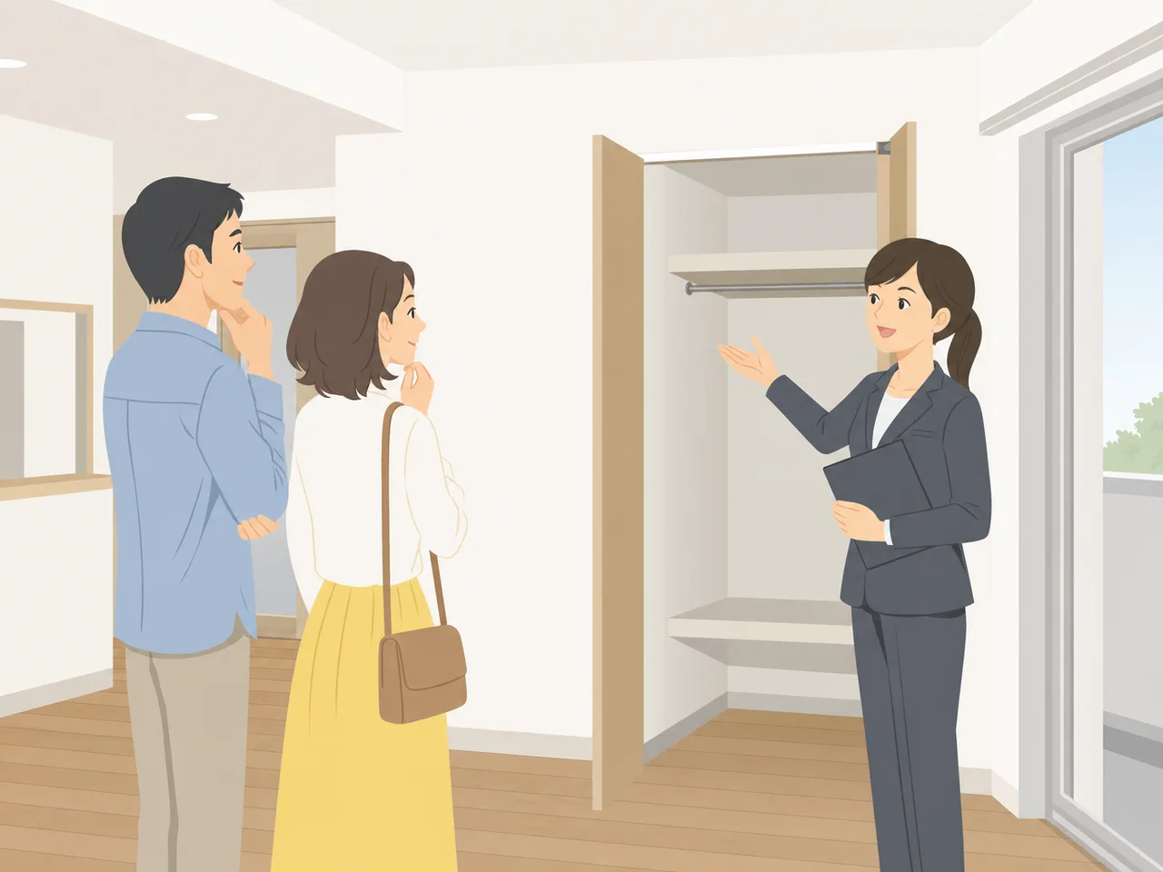 賃貸住宅を内見する日本人カップル（フラットイラスト）。不動産、賃貸、引越し、住まい探しのサービス紹介に適した素材です。