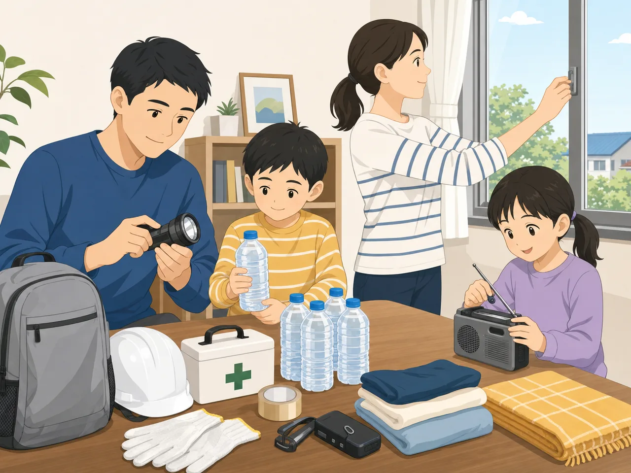 台風に備える日本人家族（フラットイラスト）。台風対策、防災、家庭備蓄、家族の記事向け素材です。