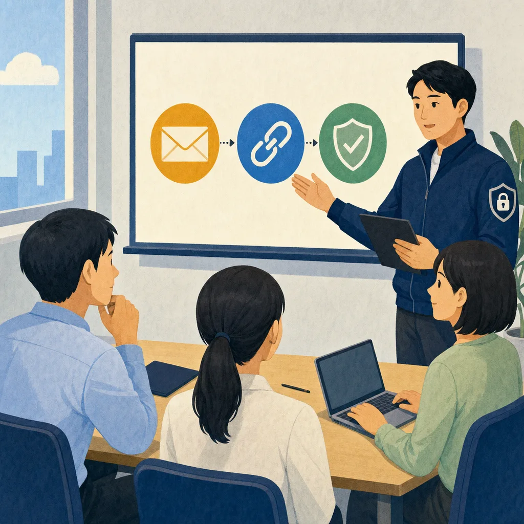 フィッシング訓練を振り返る日本人チーム（編集記事向け）。フィッシング訓練、標的型メール、セキュリティ教育、不審メールの記事や案内に使える商用素材です。