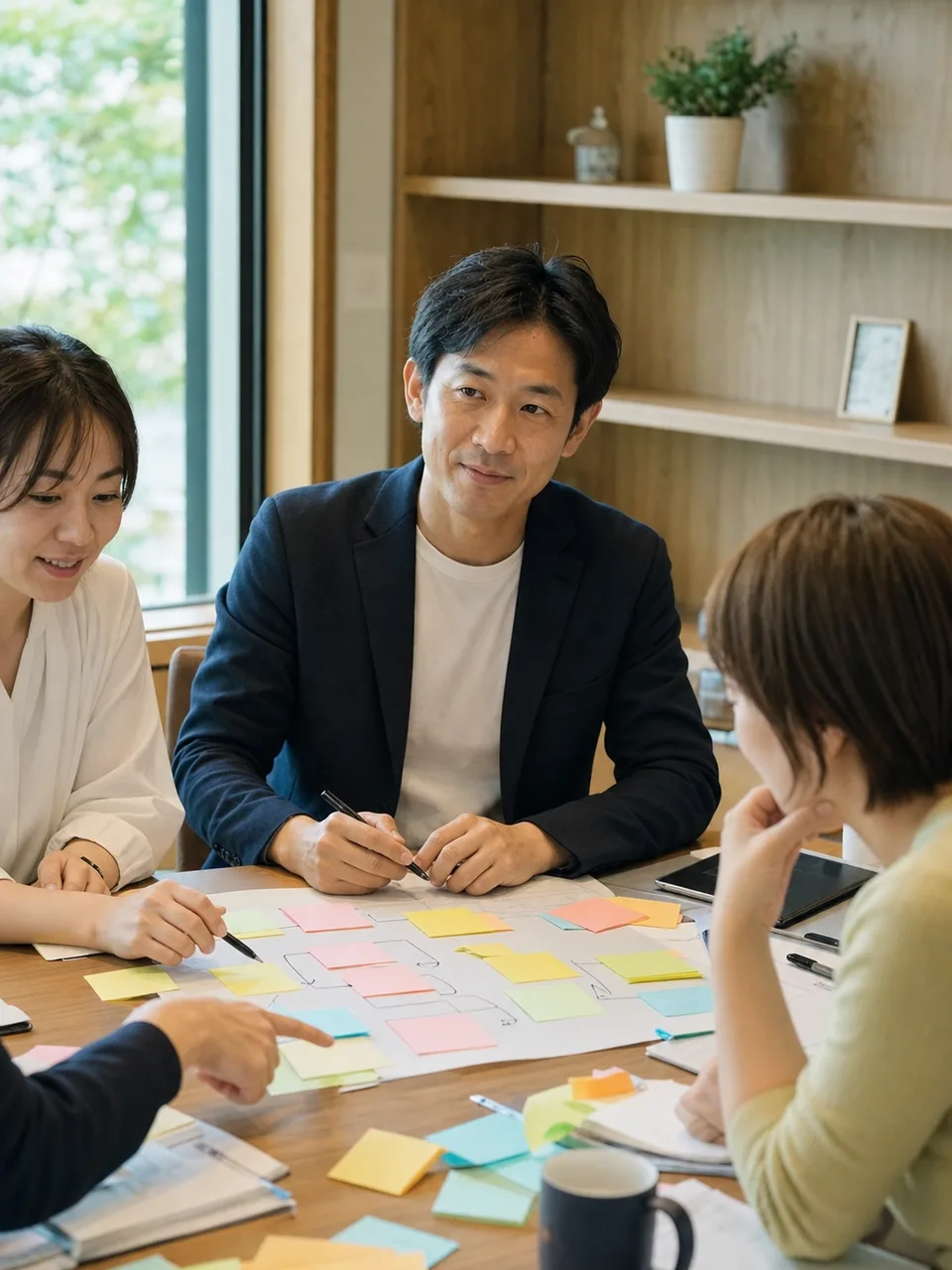 課題整理を支援する日本人コンサルタント（自然な縦位置写真）。コンサルタント、経営相談、業務改善、企業支援の記事向け素材です。