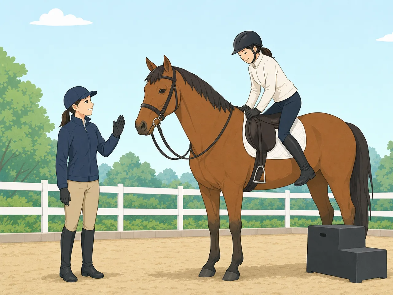 乗馬を学ぶ日本人（フラットイラスト）。馬、乗馬、レッスン、動物との関わりの記事向け素材です。