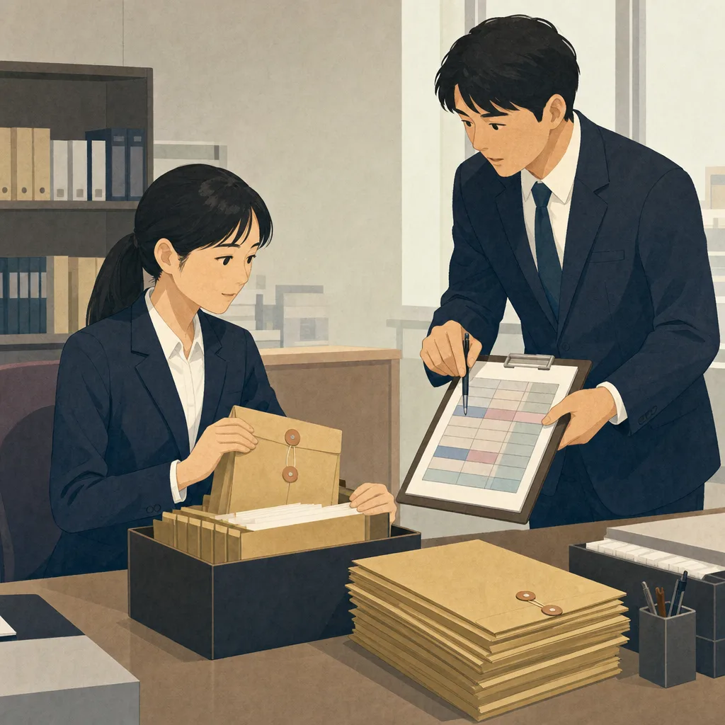 裁判事務を行う日本人裁判所職員（編集記事向け）。裁判所職員、裁判事務、法律、司法の記事や案内に使える商用素材です。