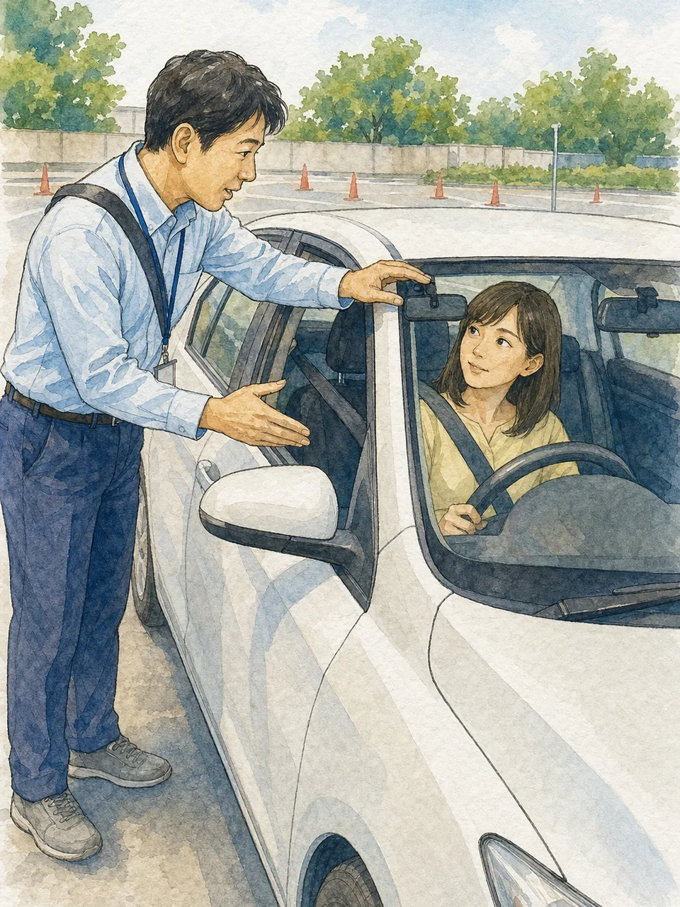 安全運転を教える日本人教習指導員（手描き水彩）。自動車教習所、運転指導、安全運転の記事向け素材です。