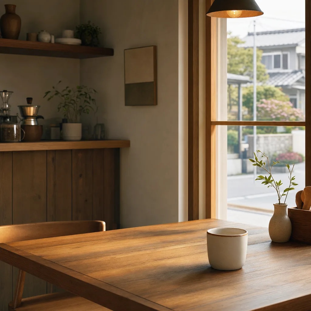 くつろぎを感じるカフェ背景（立体ディスプレイ）。カフェ背景、コーヒー、飲食店、落ち着いたデザイン向け素材です。