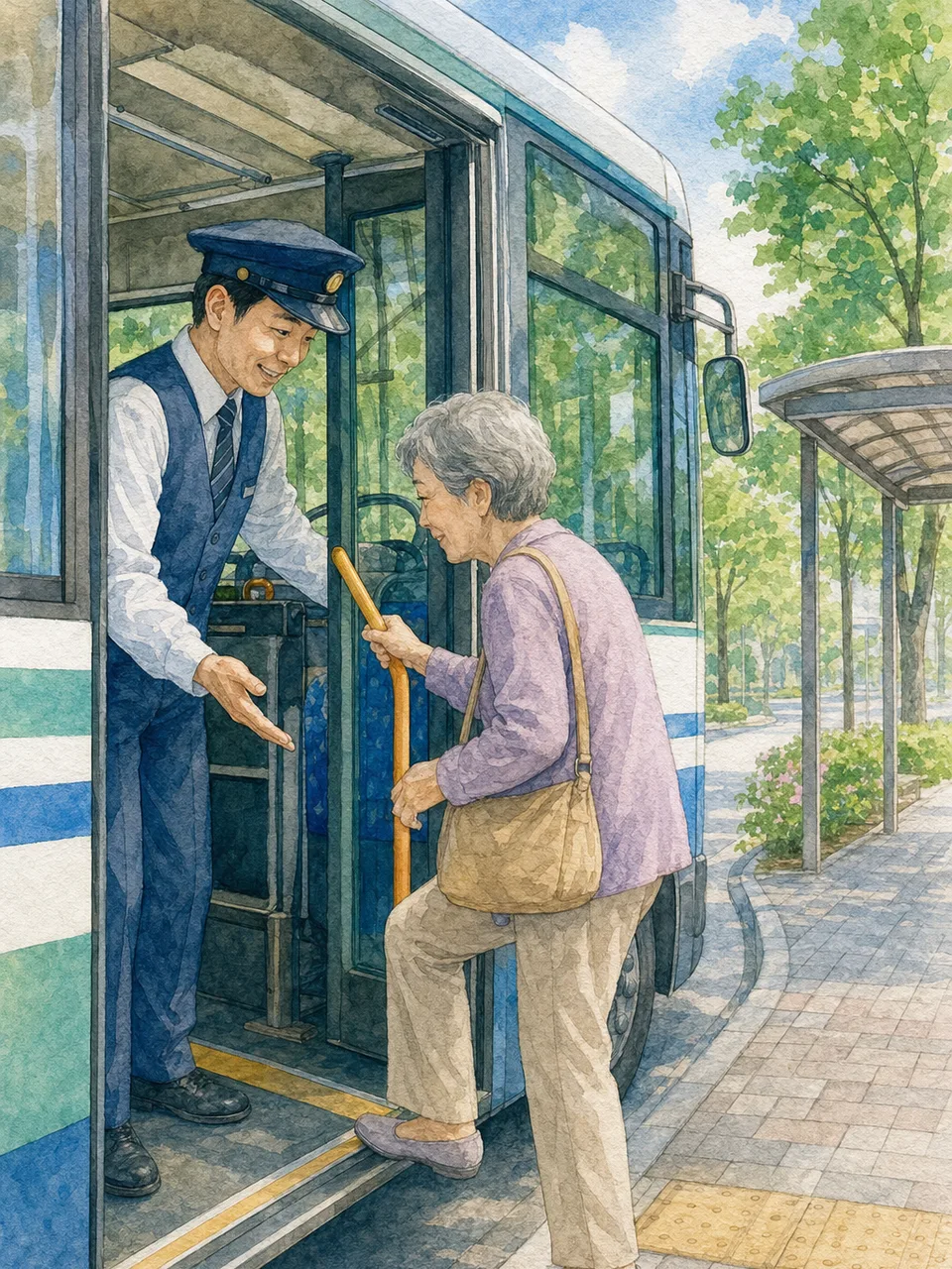乗客を迎える日本人バス運転手（手描き水彩）。バス運転手、公共交通、バリアフリー、地域交通の記事向け素材です。
