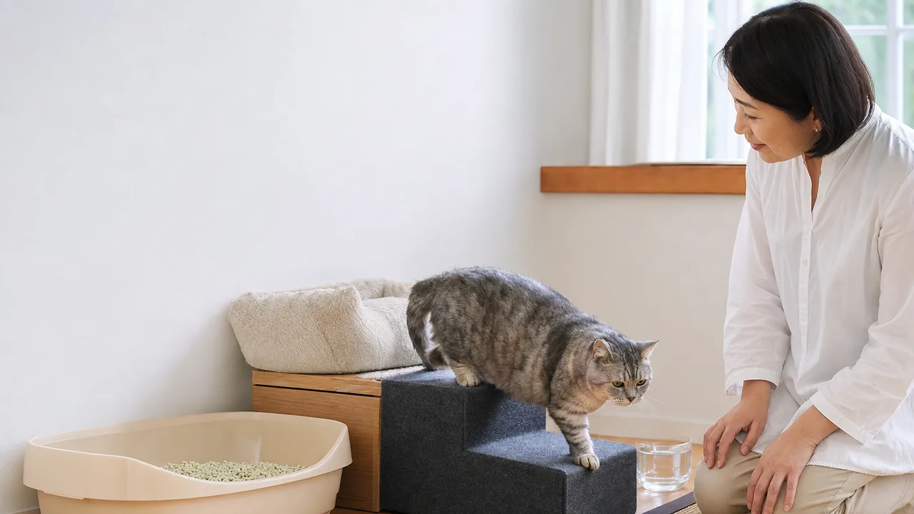 老猫をやさしく見守る日本人（横長・コピースペース）。老猫介護、シニア猫、ペットケア、暮らしの記事向け素材です。
