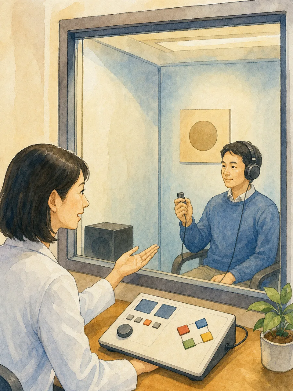 聴力検査を受ける日本人（手描き水彩）。聴力検査、耳鼻科、聞こえ、聴覚の記事や案内に使える商用素材です。