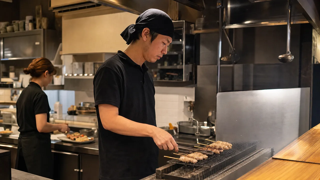 焼き鳥を仕上げる日本人料理人（横長・コピースペース）。焼き鳥、料理人、飲食店、和食の記事向け素材です。