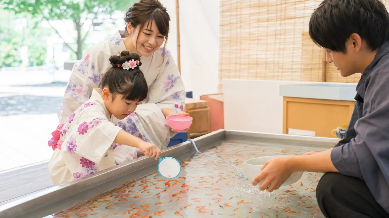 金魚すくいを楽しむ日本人親子（横長・コピースペース）。金魚すくい、夏祭り、親子、縁日の記事や案内に使える商用素材です。