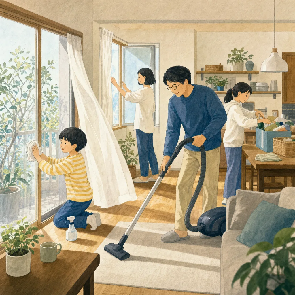年末の大掃除をする日本人家族（編集記事向け）。大掃除、年末、家事分担、暮らしの記事向け素材です。