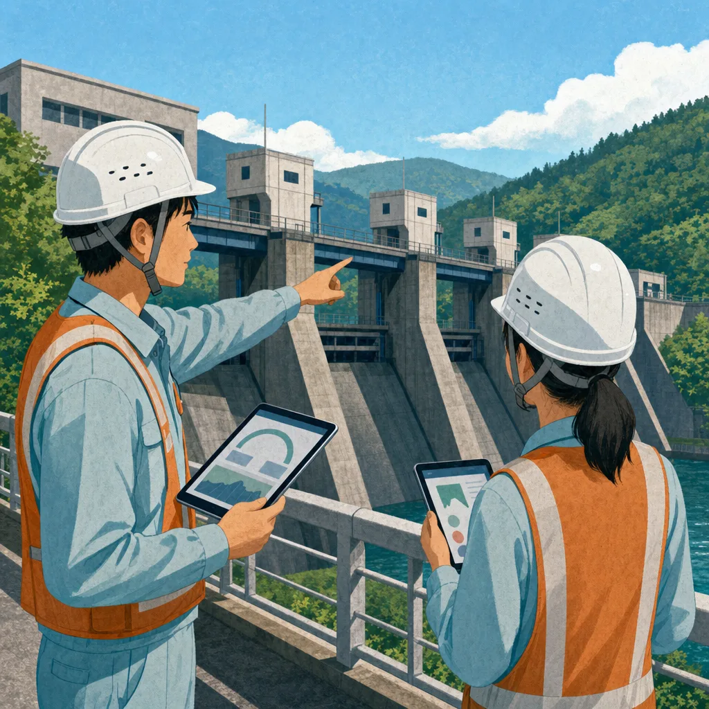 水力発電設備を点検する日本人技術者（編集記事向け）。水力発電、ダム点検、再生可能エネルギー、発電設備の記事や案内に使える商用素材です。