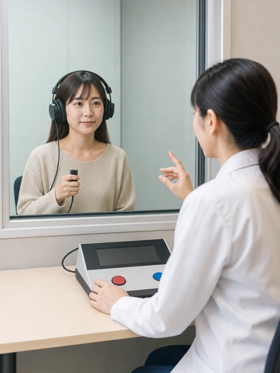 聴力検査を受ける日本人（自然な縦位置写真）。聴力検査、耳鼻科、聞こえ、聴覚の記事や案内に使える商用素材です。