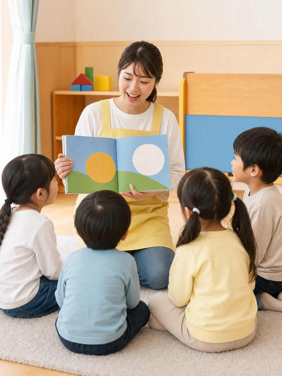 絵本を楽しむ日本人の幼児と保育者（自然な縦位置写真）。読み聞かせ、幼児教育、保育園、絵本の記事や案内に使える商用素材です。