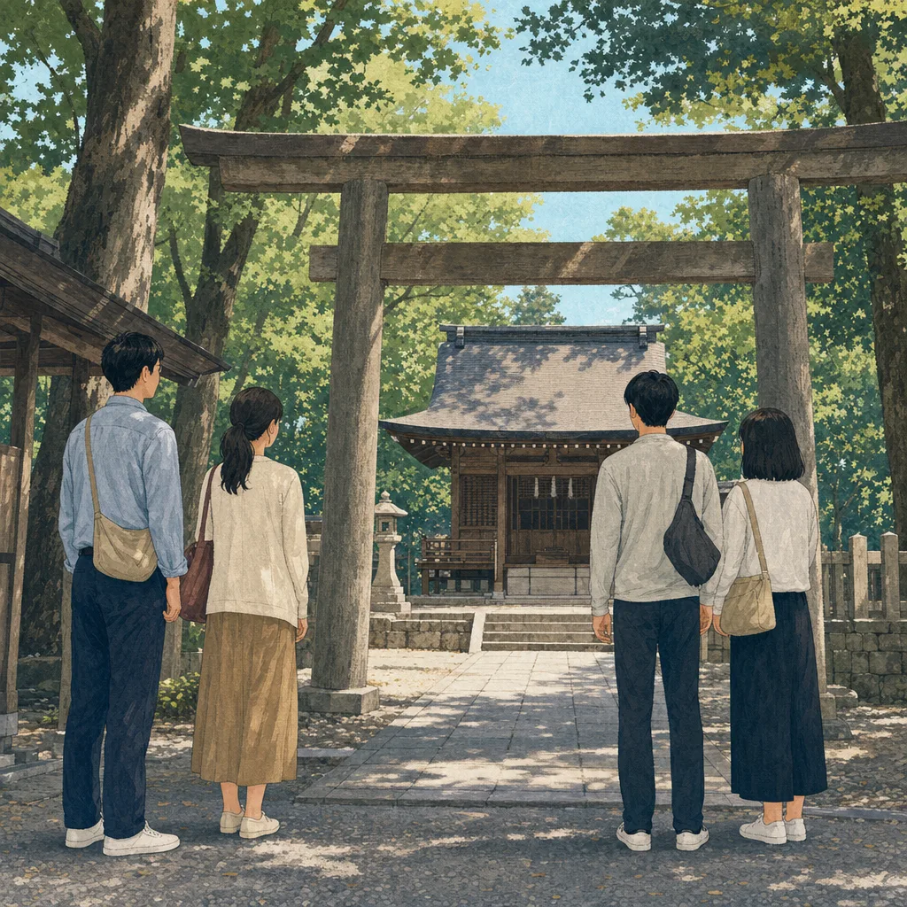 神社を訪れる日本人旅行者（編集記事向け）。神社、参拝、日本文化、国内旅行の記事に使える素材です。