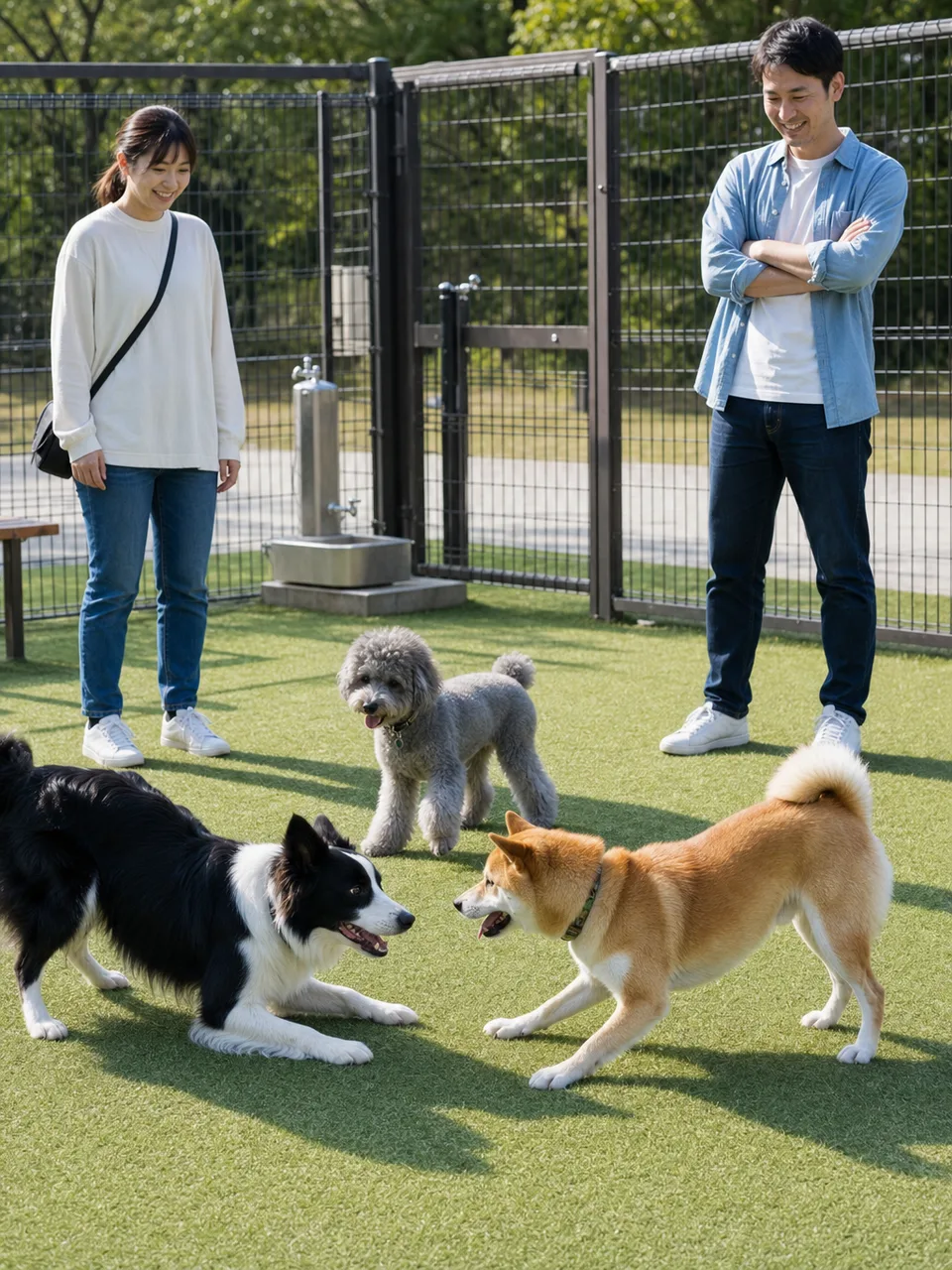 ドッグランで遊ぶ犬と日本人（自然な縦位置写真）。ドッグラン、犬、飼い主、ペットの交流の記事向け素材です。