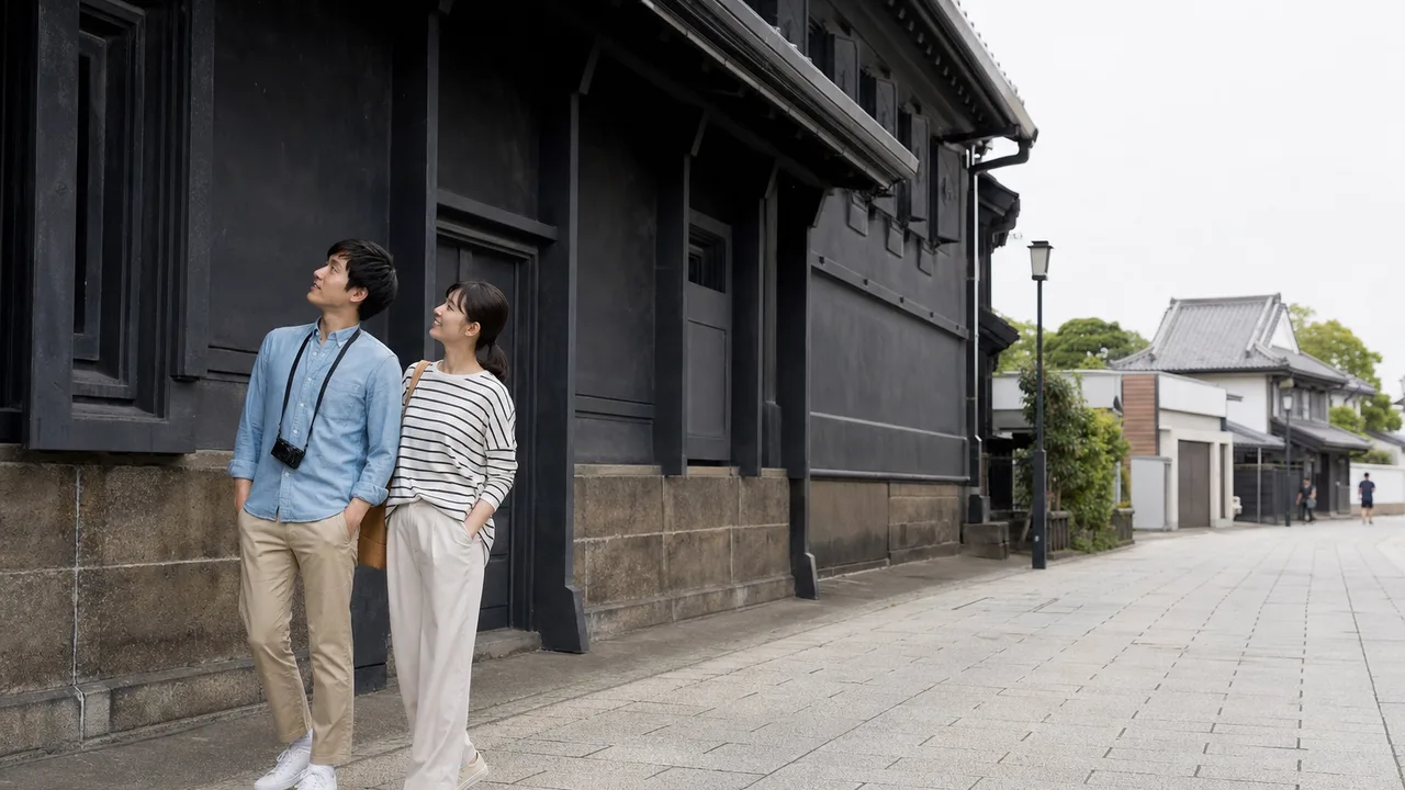 埼玉の蔵造りの町を歩く旅行者（横長・コピースペース）。埼玉旅行、川越、蔵造り、小江戸の記事や案内に使える商用素材です。