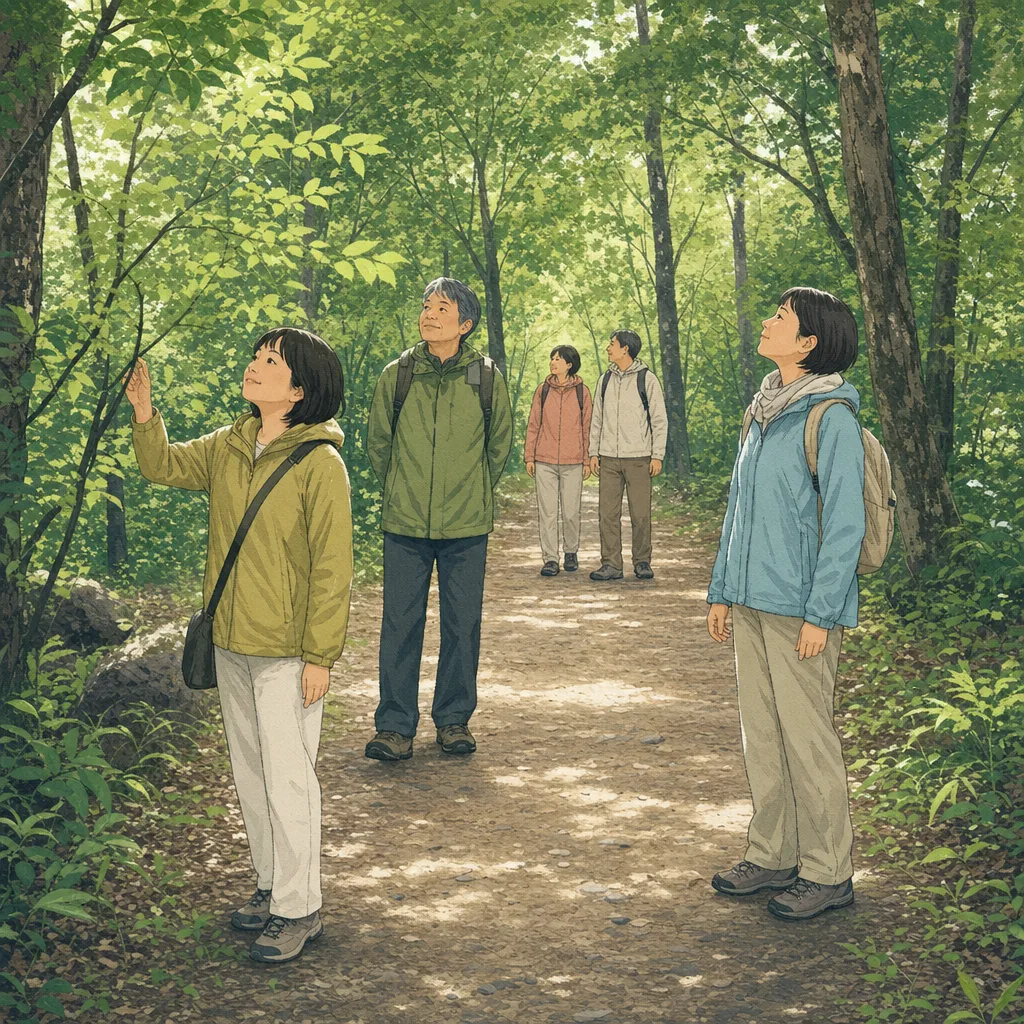 森林浴を楽しむ日本人（編集記事向け）。森林浴、自然、健康、ハイキングの記事に使える素材です。