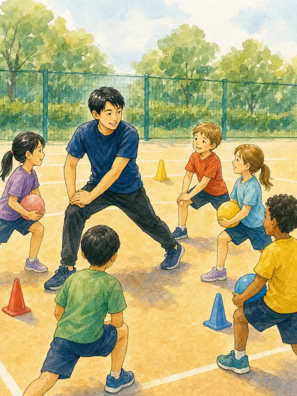 子どもの運動を支える日本人スポーツ指導者（手描き水彩）。スポーツ指導者、子どもスポーツ、運動教室、コーチの記事や案内に使える商用素材です。
