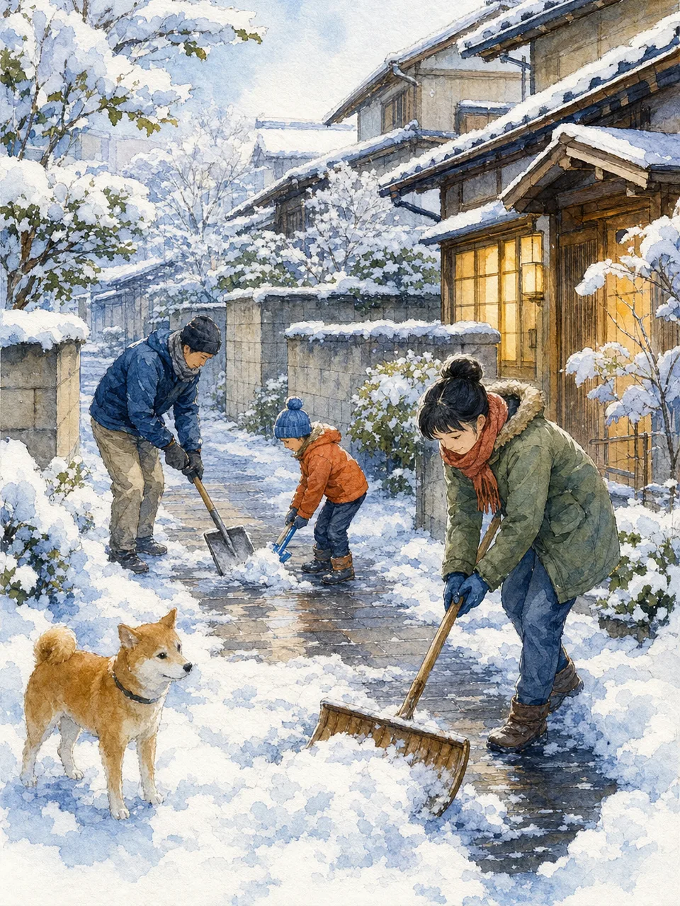 雪の朝の日本の街（手描き水彩）。冬、天気、交通、地域情報の記事に使える、雪が積もった日本の街並み素材です。