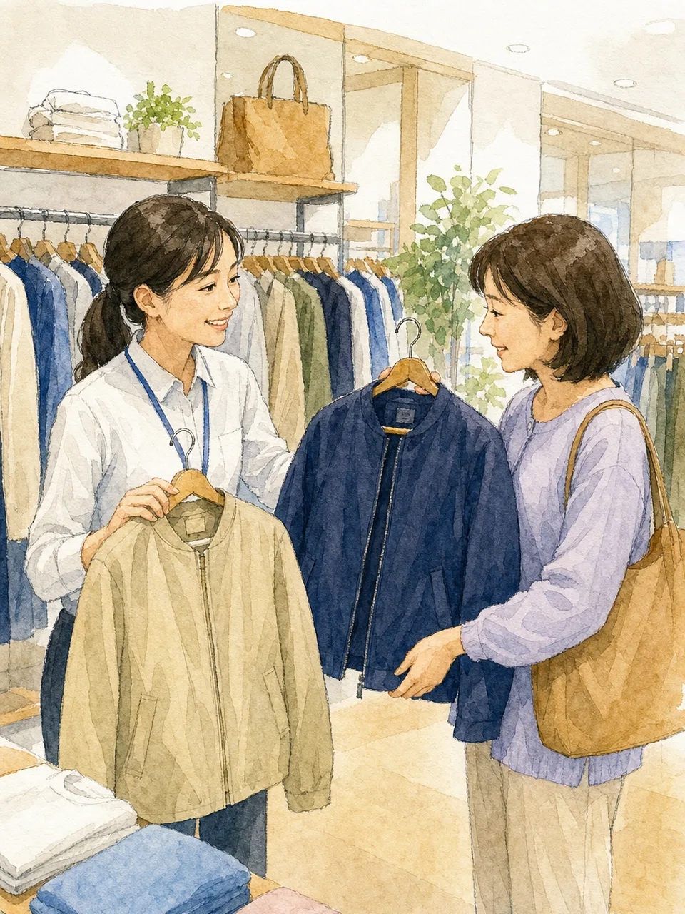 衣料品店で接客する日本人販売員（手描き水彩）。販売員、アパレル、小売、接客の記事に使える仕事素材です。