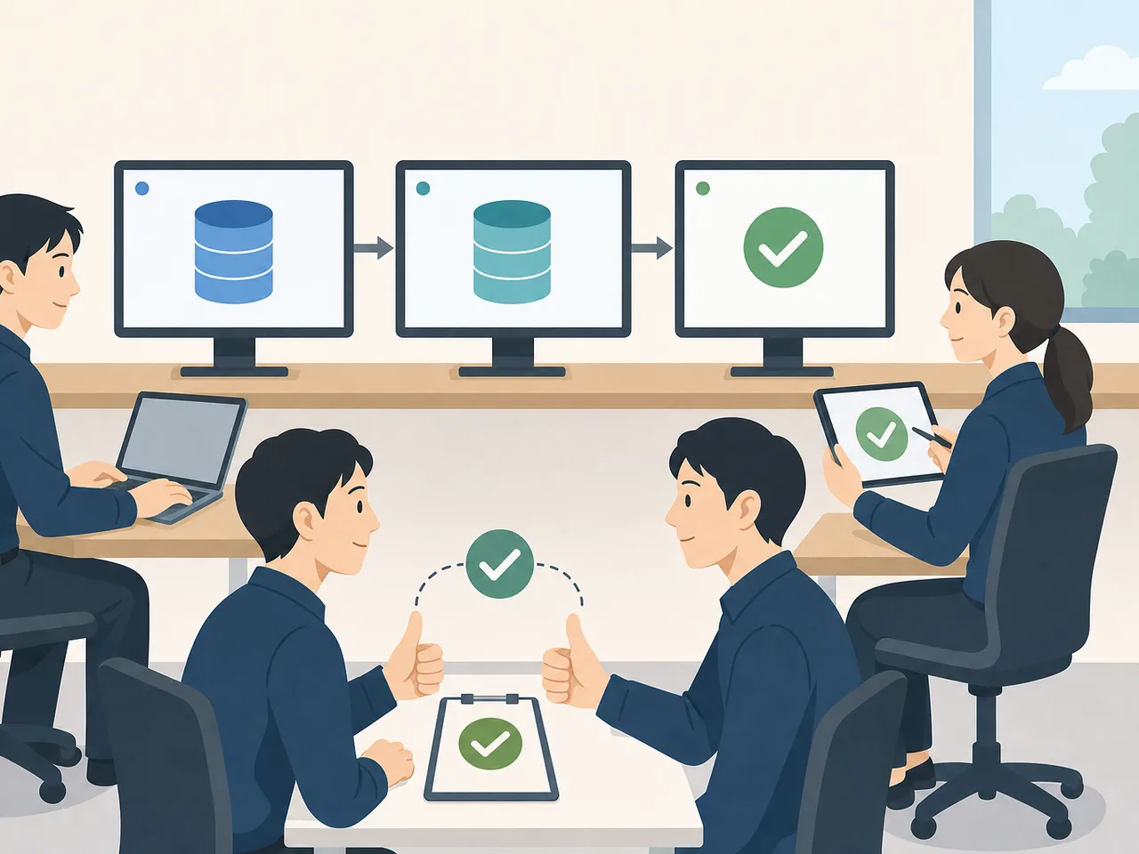 バックアップ復旧訓練をする日本人技術者（フラットイラスト）。バックアップ復旧訓練、復旧テスト、バックアップ、復旧訓練の記事や案内に使える商用素材です。