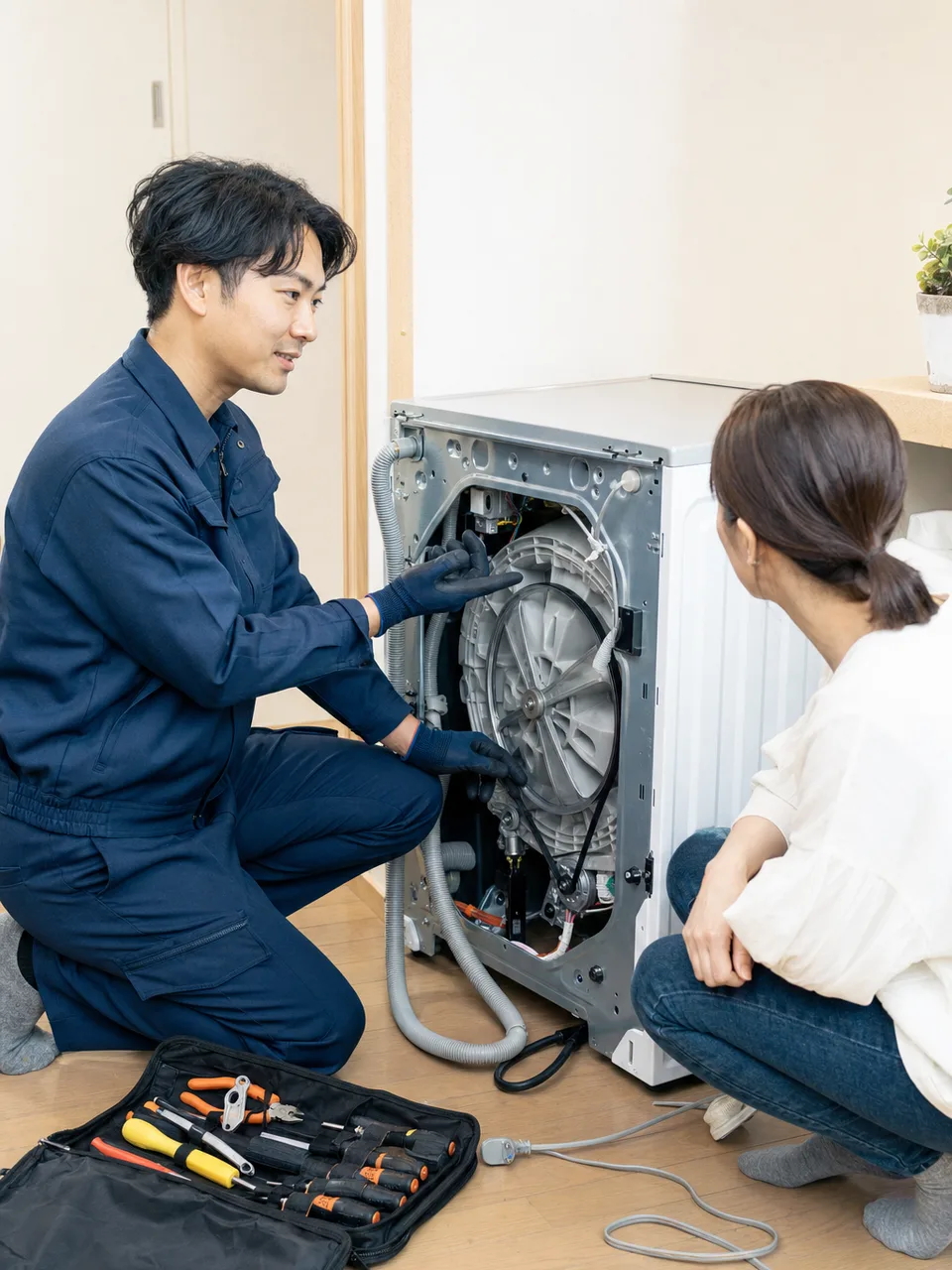 家電を点検する日本人修理技術者（自然な縦位置写真）。家電修理、修理技術者、メンテナンス、暮らしの記事向け素材です。