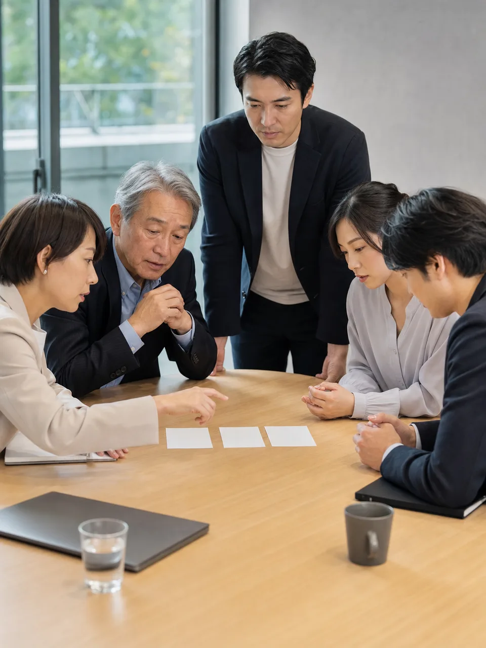 企業統治を議論する日本人取締役会（自然な縦位置写真）。取締役会、企業統治、コーポレートガバナンス、経営会議の記事や案内に使える商用素材です。