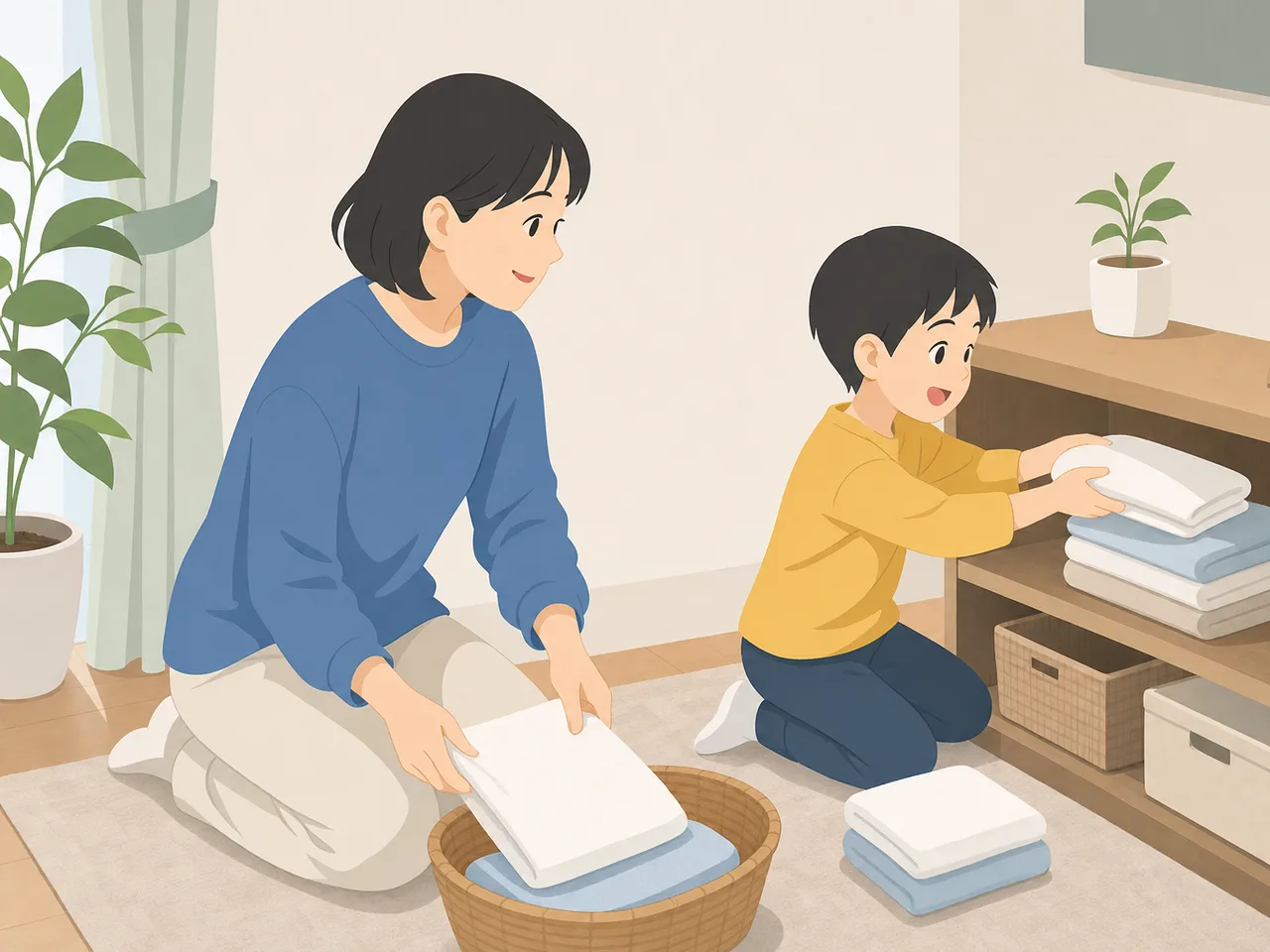家のお手伝いをする日本人の子ども（フラットイラスト）。子どものお手伝い、親子、家事、生活習慣の記事向け素材です。