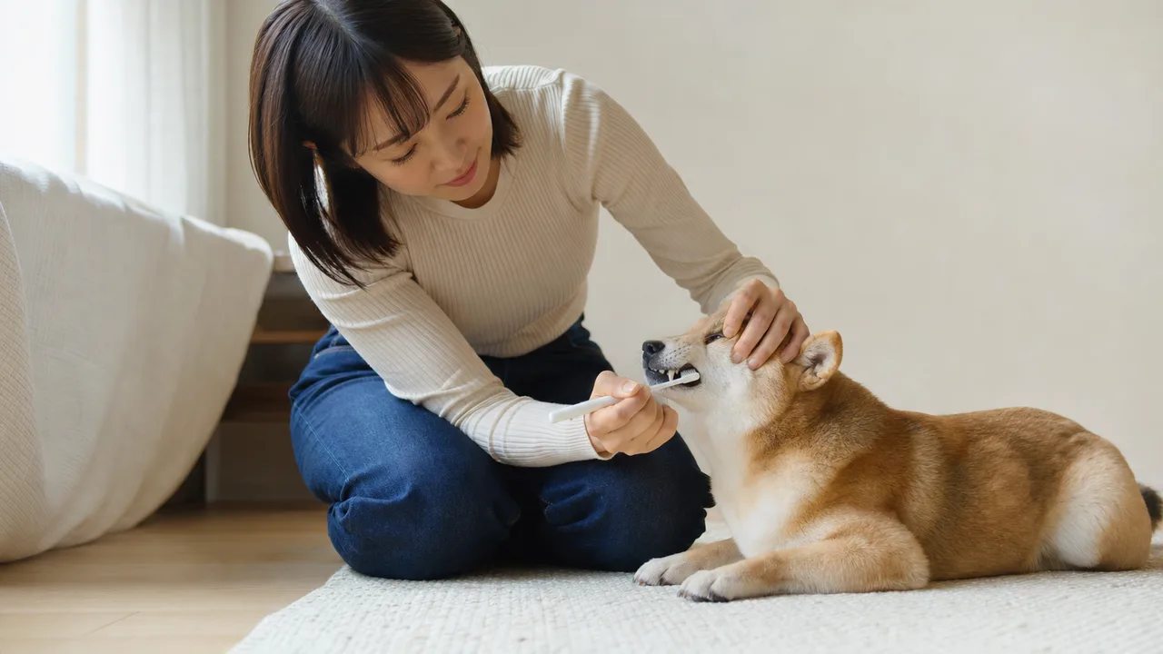犬の歯磨きをする日本人（横長・コピースペース）。犬の歯磨き、デンタルケア、ペットケア、犬の記事向け素材です。