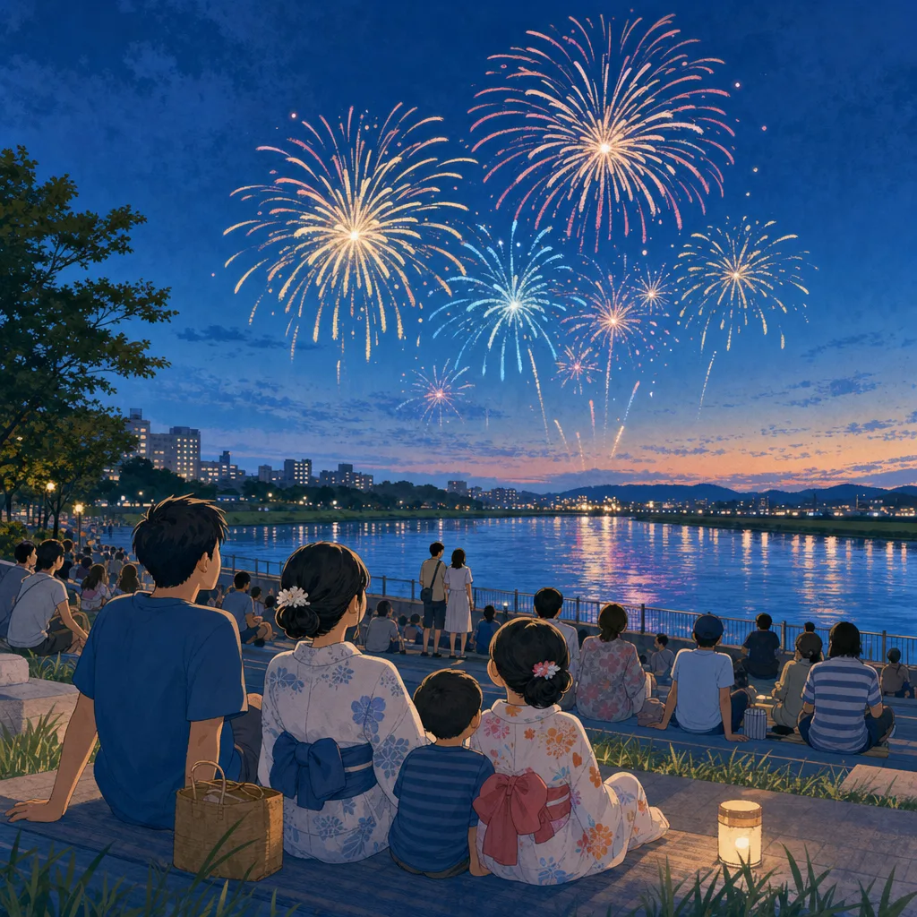 花火大会を楽しむ日本人の人々（編集記事向け）。花火大会、夏、地域イベント、観光の記事に使える季節素材です。