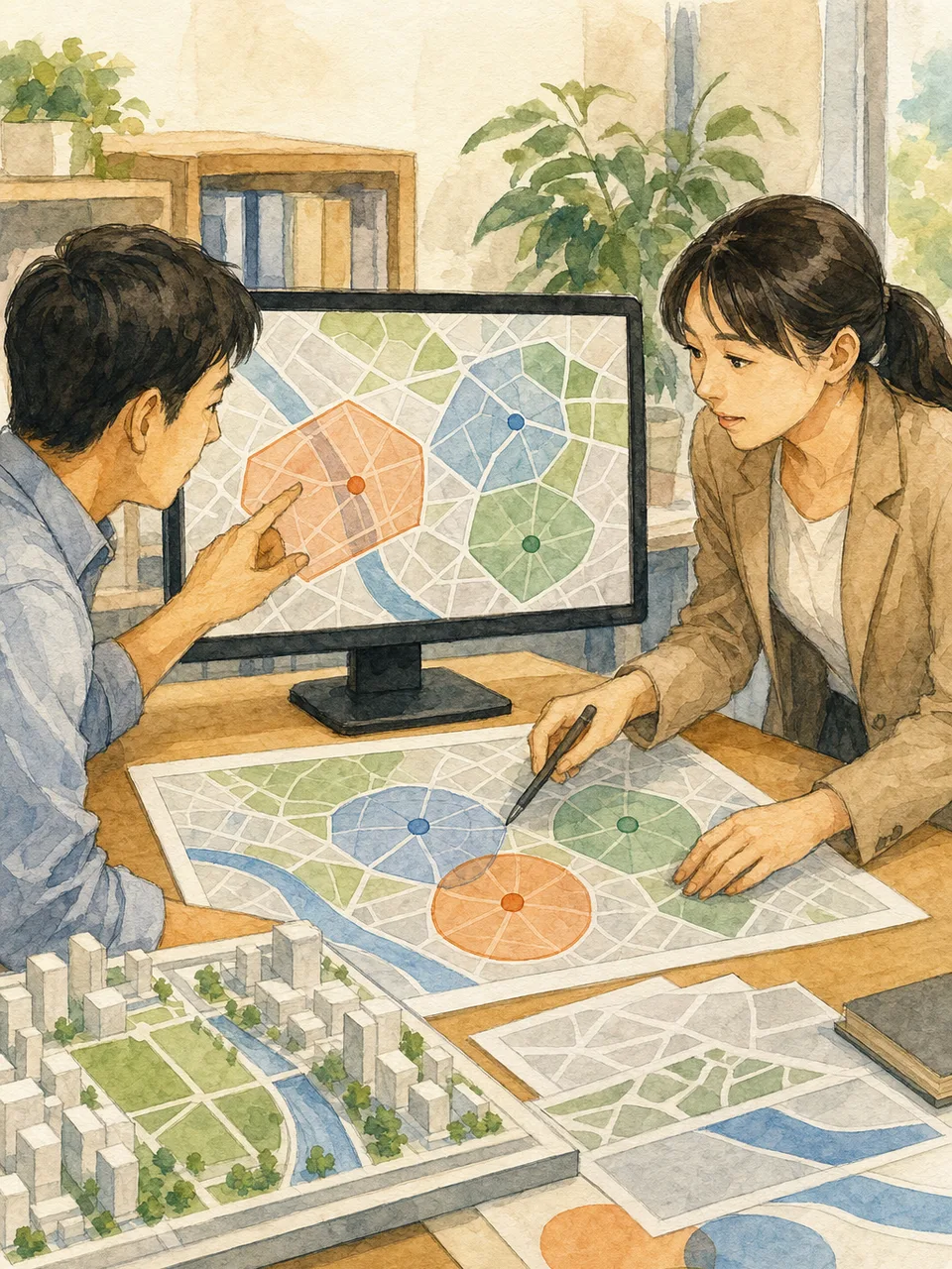 地理情報を分析する日本人GIS担当者（手描き水彩）。GIS、地理情報システム、都市計画、地図の記事や案内に使える商用素材です。