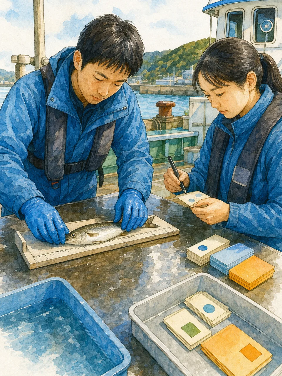 水産資源を調査する日本人（手描き水彩）。水産資源調査、漁業、魚類調査、海洋研究の記事や案内に使える商用素材です。