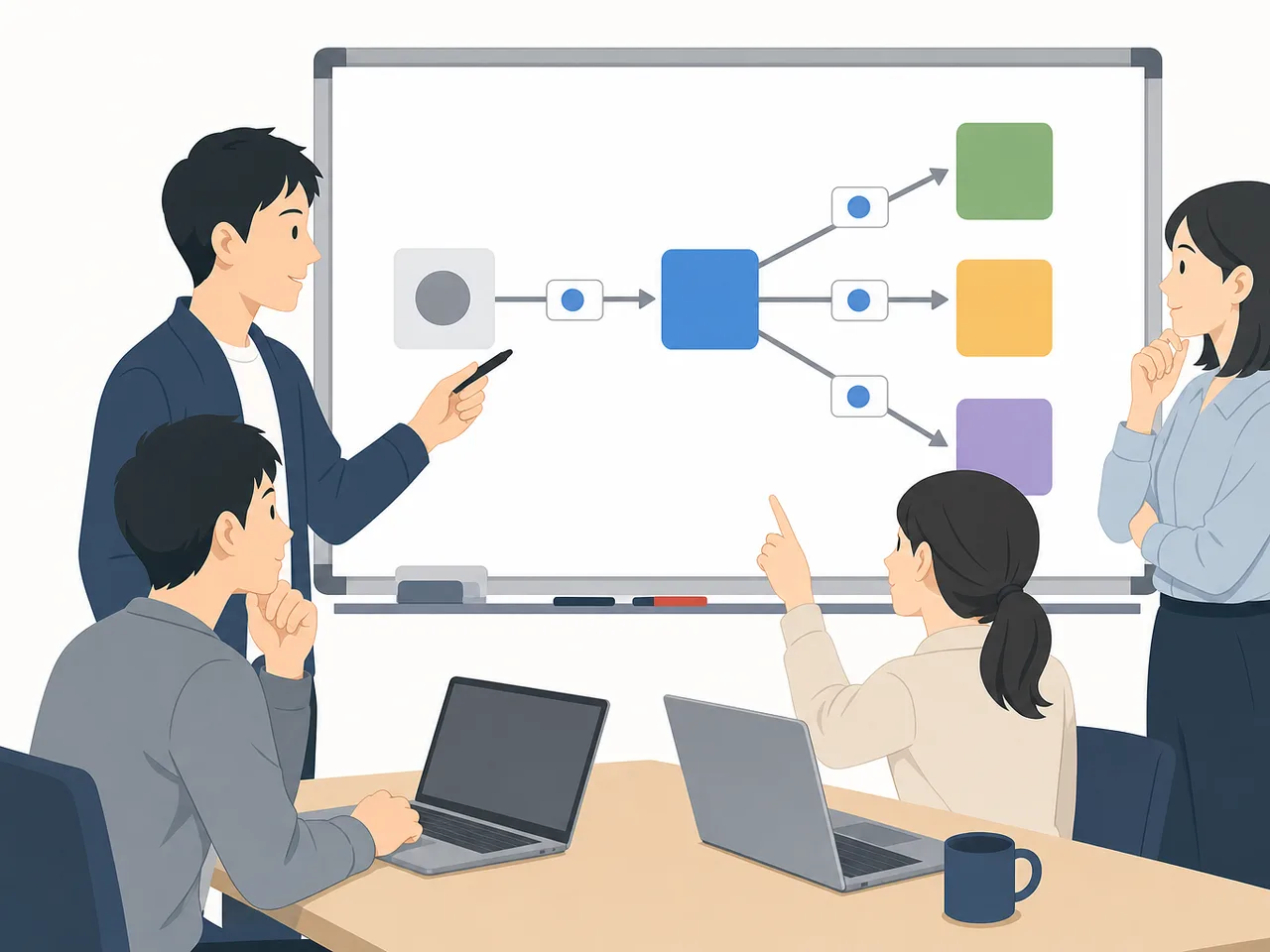 API設計をレビューする日本人技術者（フラットイラスト）。API設計、ソフトウェア開発、システム連携、設計レビューの記事や案内に使える商用素材です。