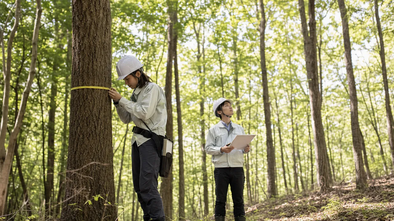 森林を調査する日本人研究者（横長・コピースペース）。森林調査、森林炭素、林業、樹木測定の記事や案内に使える商用素材です。